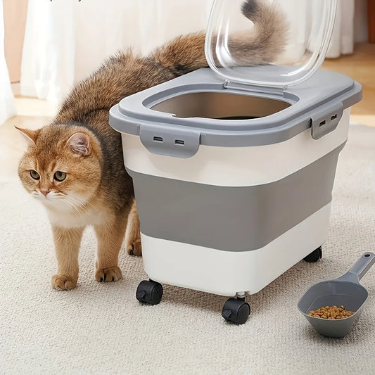 Large Capacity Square Plastic Pet Food Storage Container with Wheels - Closed Seal, Moisture and Insect Resistant, Foldable, Measuring Cup for Cat and Dog Dry Food