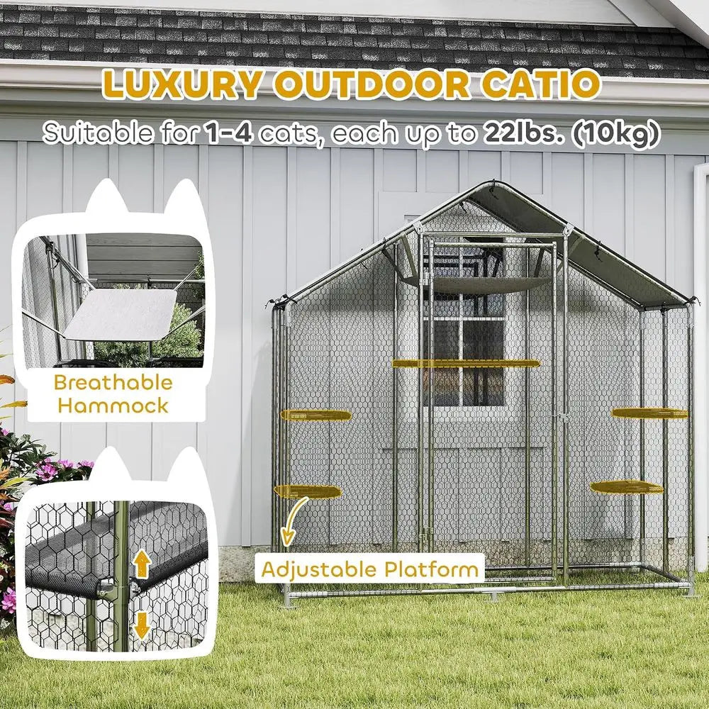 Large Catio Outdoor Cat Enclosure Chicken Coop Pointed Roo | Galvanized Steel Walk-in Cat Patio, Outdoor Kitty Cage, Waterproof