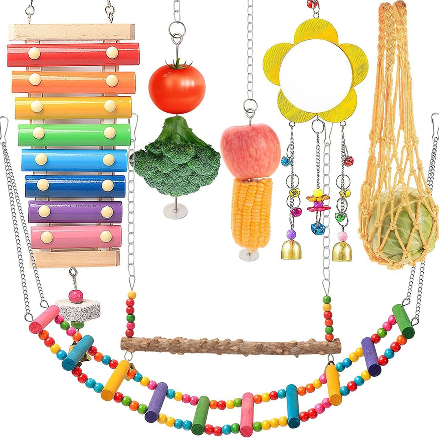 7PCS Chewing Foraging Toy with Wooden Hanging Feeder Chicken Toy Set Chewing Training Toy Chicken Toy Set Rooster Hen Chick Toys