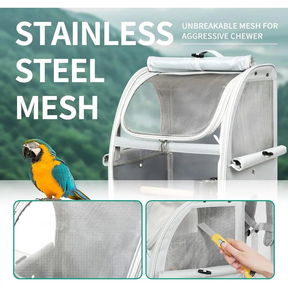 Bird Carrier Bag, Travel Cage with Standing Perch, Indestructible Stainless Steel Mesh, Portable Transparent Breathable Carrier