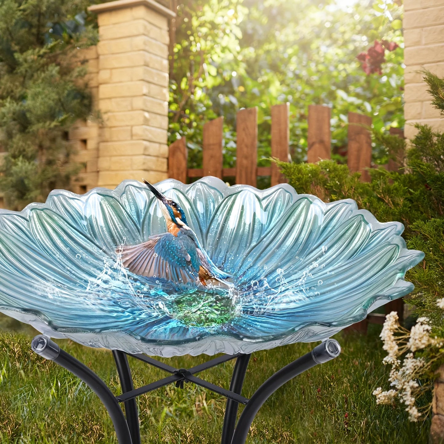 Large Glass Birdbath with Metal Stand – Elegant Green Flower Design, Perfect for Garden, Lawn, and Yard Decor, Outdoor Bird Bath | Floral Design | Intricate Petal Detailing