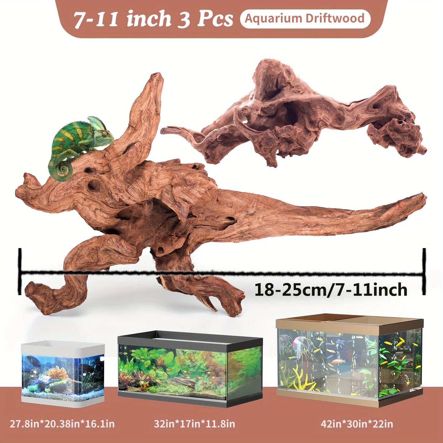 3pcs Natural Driftwood Aquarium Decor | 7-11 Inch Large Size Branches For Fish Tank, Reptile Additions, Wood Material