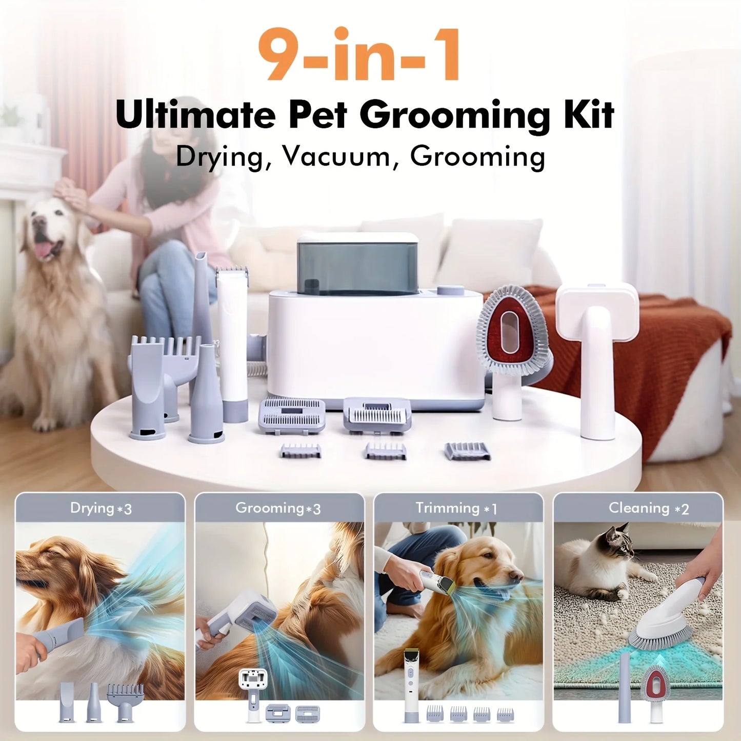 Pet Grooming Vacuum Set: Dog Shedding Vacuum with Grooming & Hair Dryer Functions, 9-in-1 Pet Brush Vacuum Equipped with Electric Clippers, 24KPa Adjustable Speed & Temperature - 104.82oz Dust Bin