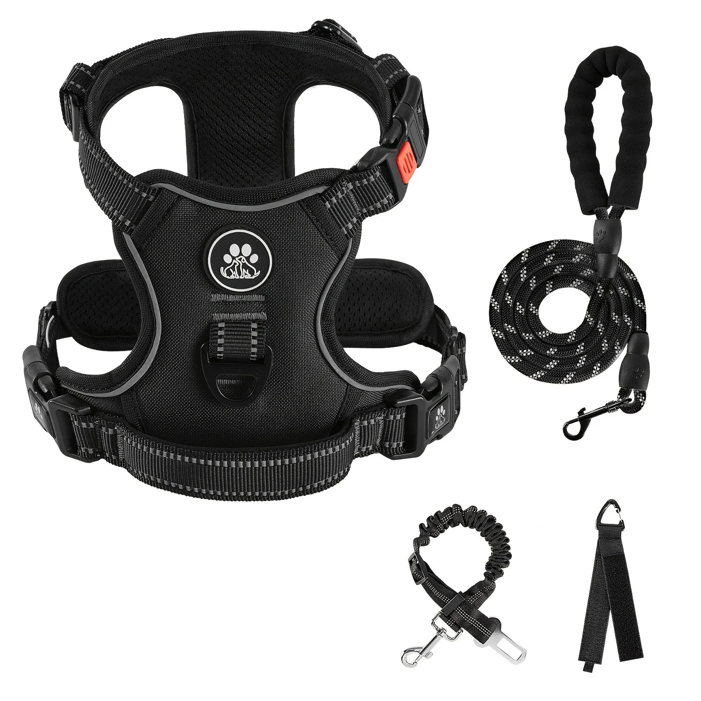 No Pull Dog Harness, Dog Collar, 1 Professional Dog Leash & 1 Retractable Seatbelt & 1 Storage Strap Fully Reflective Adjustable Breathable Dog Harness with Handle, Collar De Perro, No Choke Pet Vest Harness for Small And Lar