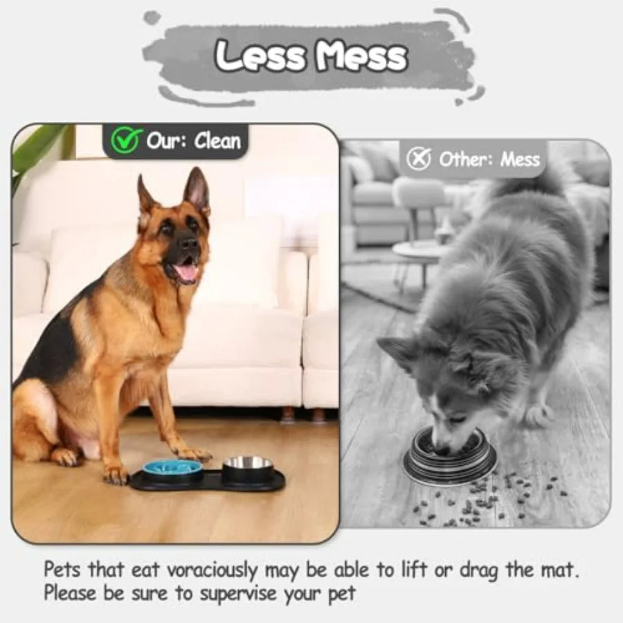 Dog Food and Water Bowl Set 3 in 1, Slow Feeder Dog Bowls and Stainless Steel Water Bowl with Non-Spill Silicone Mat, Cat and P