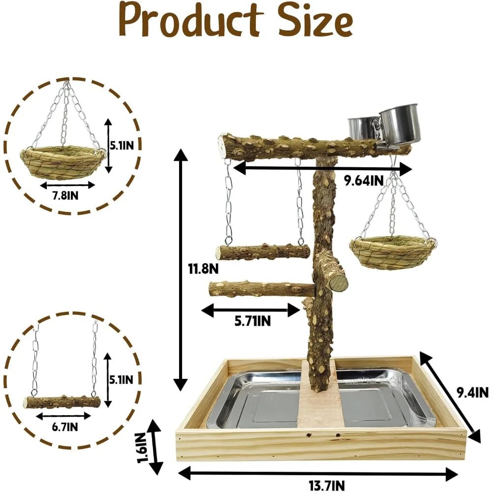 NBVCX Natural Wood Bird Perch Stand With Nest And Cups