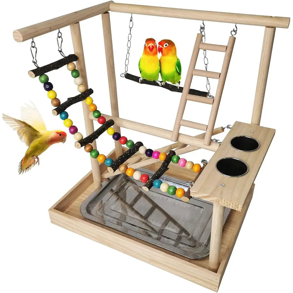 Bird Play Gym with Climbing Ladders, Swings, Chew Toys, and Parakeet Cups for Parrots, Conures, and Lovebirds (Includes Tray)