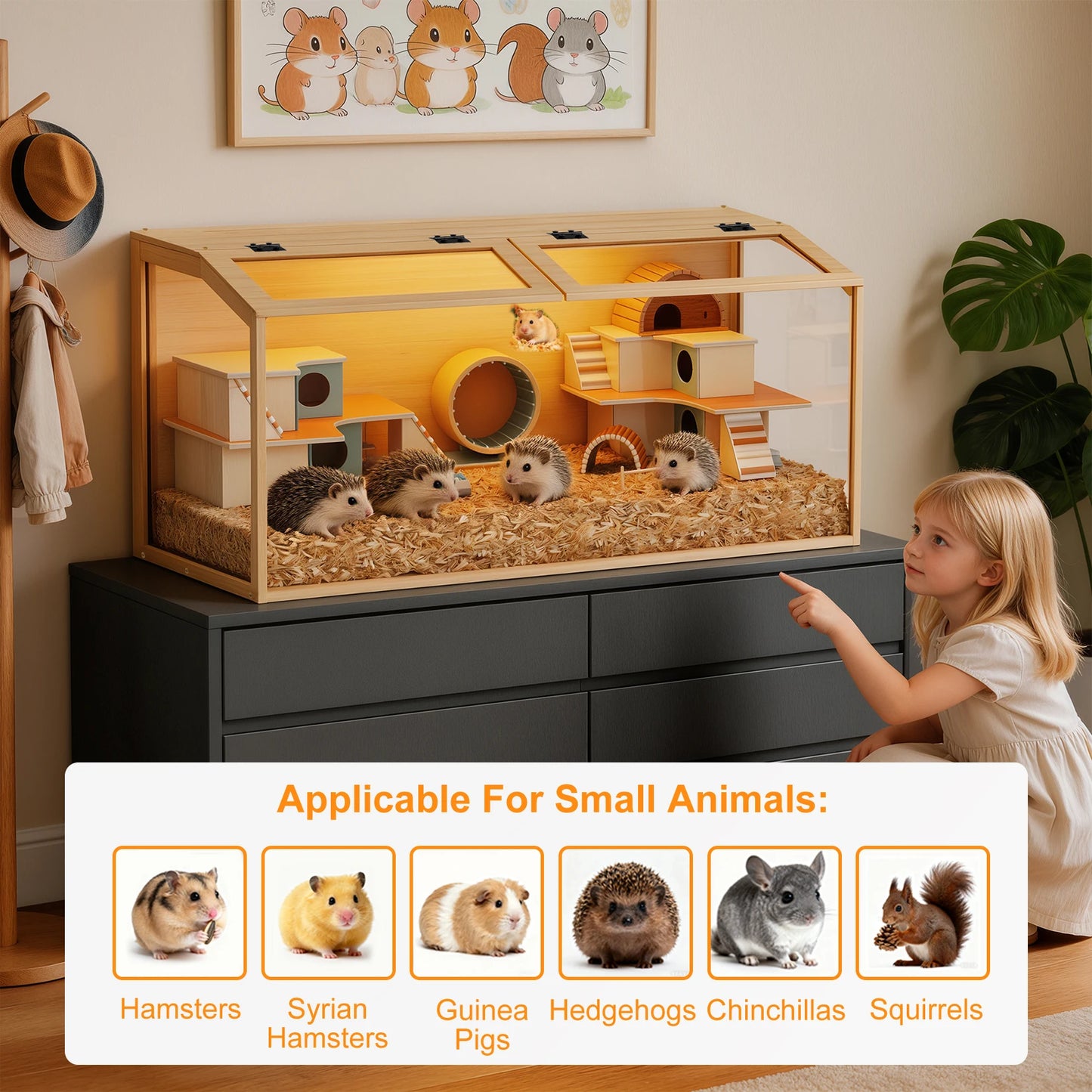 Large Natural Wooden Hamster Cage with Glass Panels, LED Light, Chew-Proof Indoor Habitat for Small Pets
