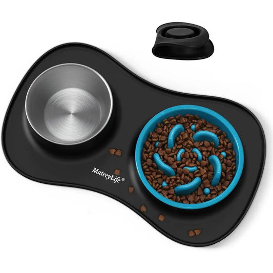 3 in 1 Slow Feeder Dog Bowls & Stainless Steel Water Bowl with Non-Spill Silicone Mat, Cat and Puppy Bowls Pet Dishes for Small