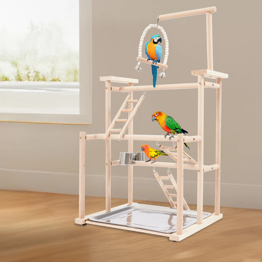 Multi-Function 3-Tier Parrot Stand Beech Wood Space-Saving Feeding Bowl&Water Cup For Pet Lovers Office Living Room