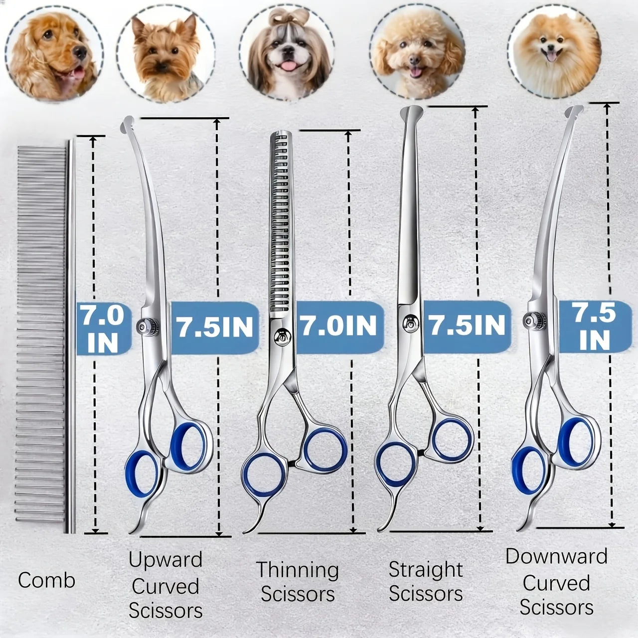 7-in-1 Professional Stainless Steel Dog Grooming Scissors With Safety Round Tip, Titanium Coated Heavy Duty Dog & Cat Grooming Scissors Set With Straight & Thinning & Curved Scissors & Comb, Pet Grooming Scissors Kit For Dogs