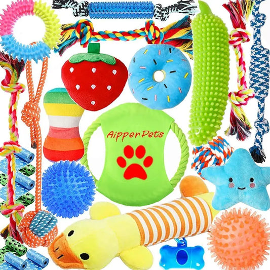 Dog Toys 25 Pack for Puppy Chewing and Teeth Cleaning, Plush Toys, Squeaky Balls, Tug o War, Rope Toys for Small Dogs