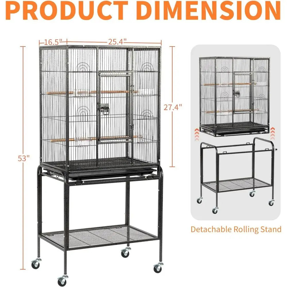 53-inch Durable Wrought Iron ParaCage with Slide Out Tray, Suitable for Small/Medium Birds (Black, 53 inch)