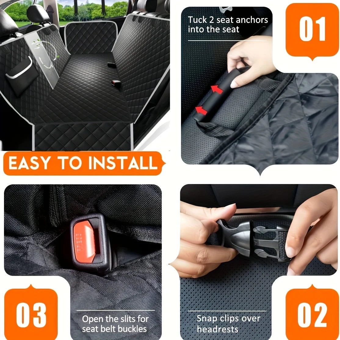 Durable Nylon Dog Car Seat Cover with Mesh Windows & Storage Pockets, Scratchproof & Non-Slip Pet Hammock, Universal Fit for Cars, Trucks, SUVs - Black with Green Leaf Design, Pet Car Accessorie