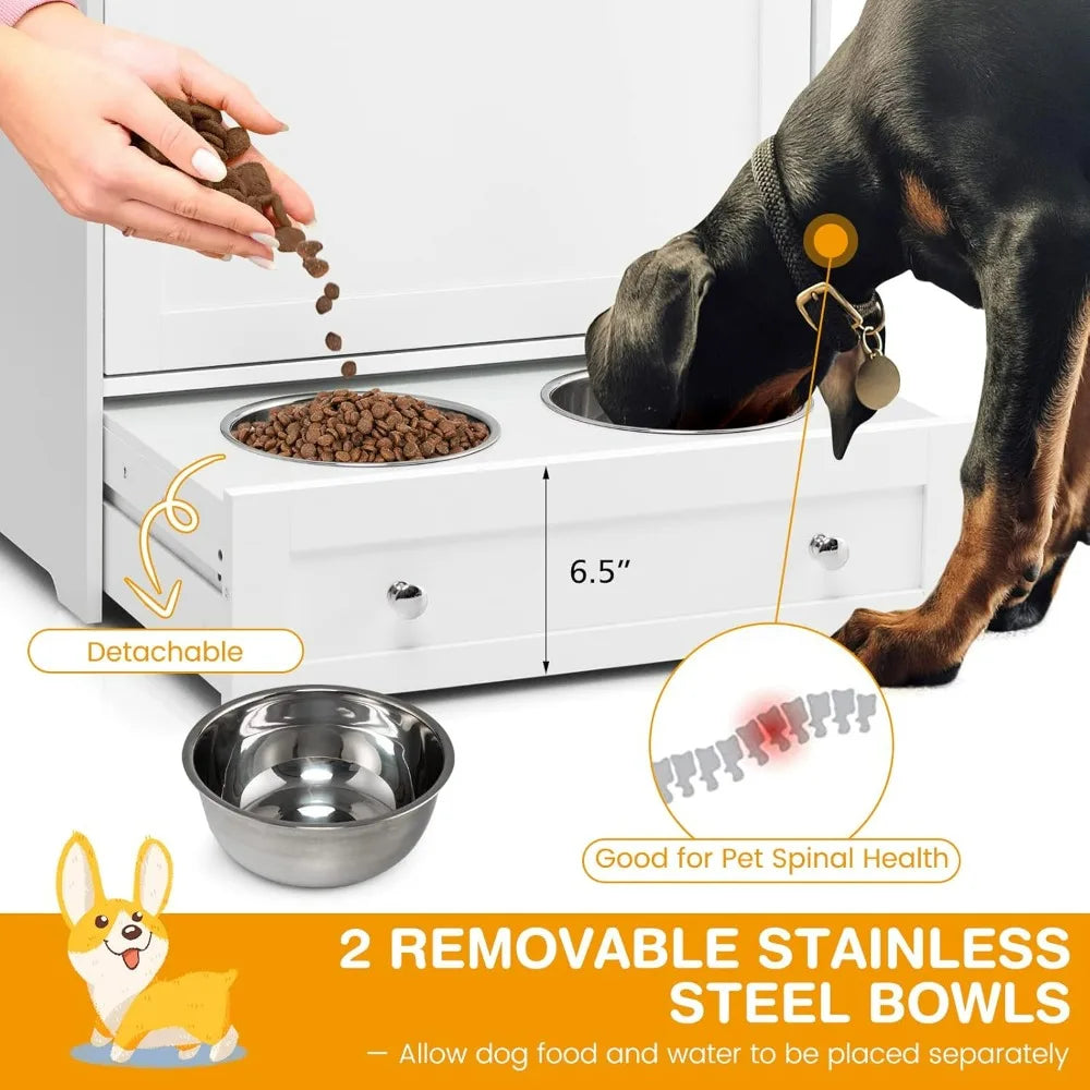 Pet Feeder Station With Double Pull Out Bowls And Storage Cabinet