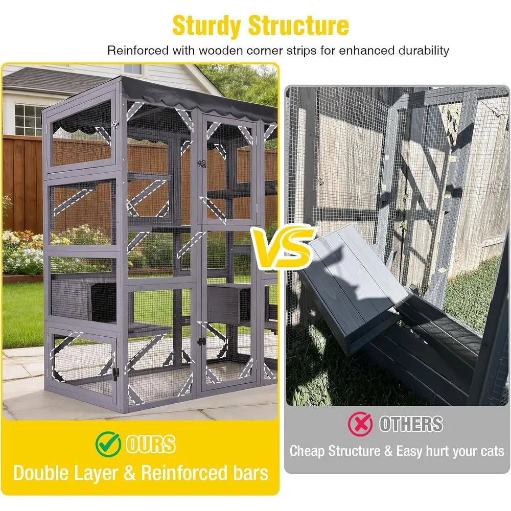 5-Level Walk-in Cat House | Outdoor Enclosure with Window, Reinforced, Waterproof Cover, Multiple Climbing Platforms