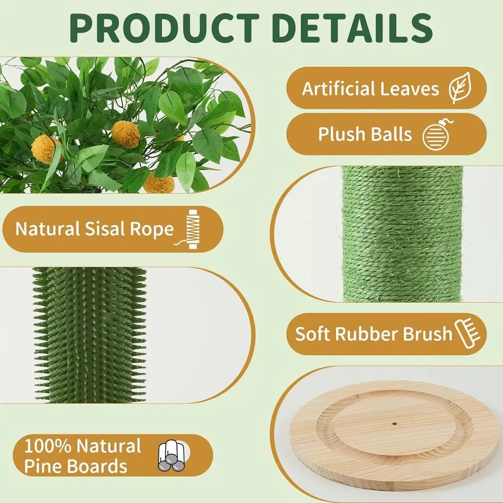 46 Tall Natural Sisal Cat Tree for Adult Cats | Indoor Scratch Post or Body Stretching, Self-groomer Brush, Stable 3-layer Solid