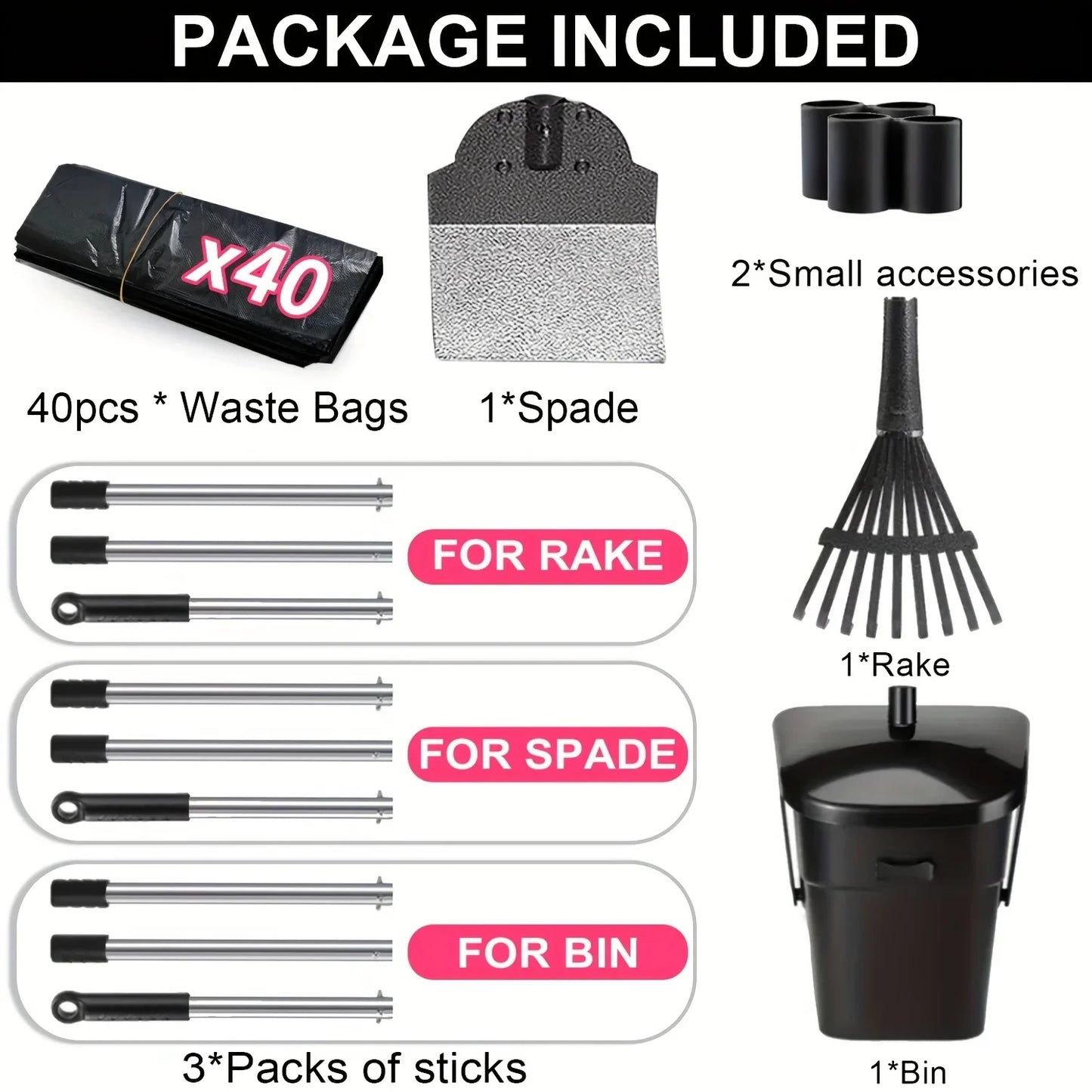 2/3pcs Heavy Duty Dog Pooper Scooper with 40 Bags, Long Handle Swivel Bin & Rake Spade for Large Dogs, Pet Waste Removal Tool for Yard, Grass & Gravel, Without Battery