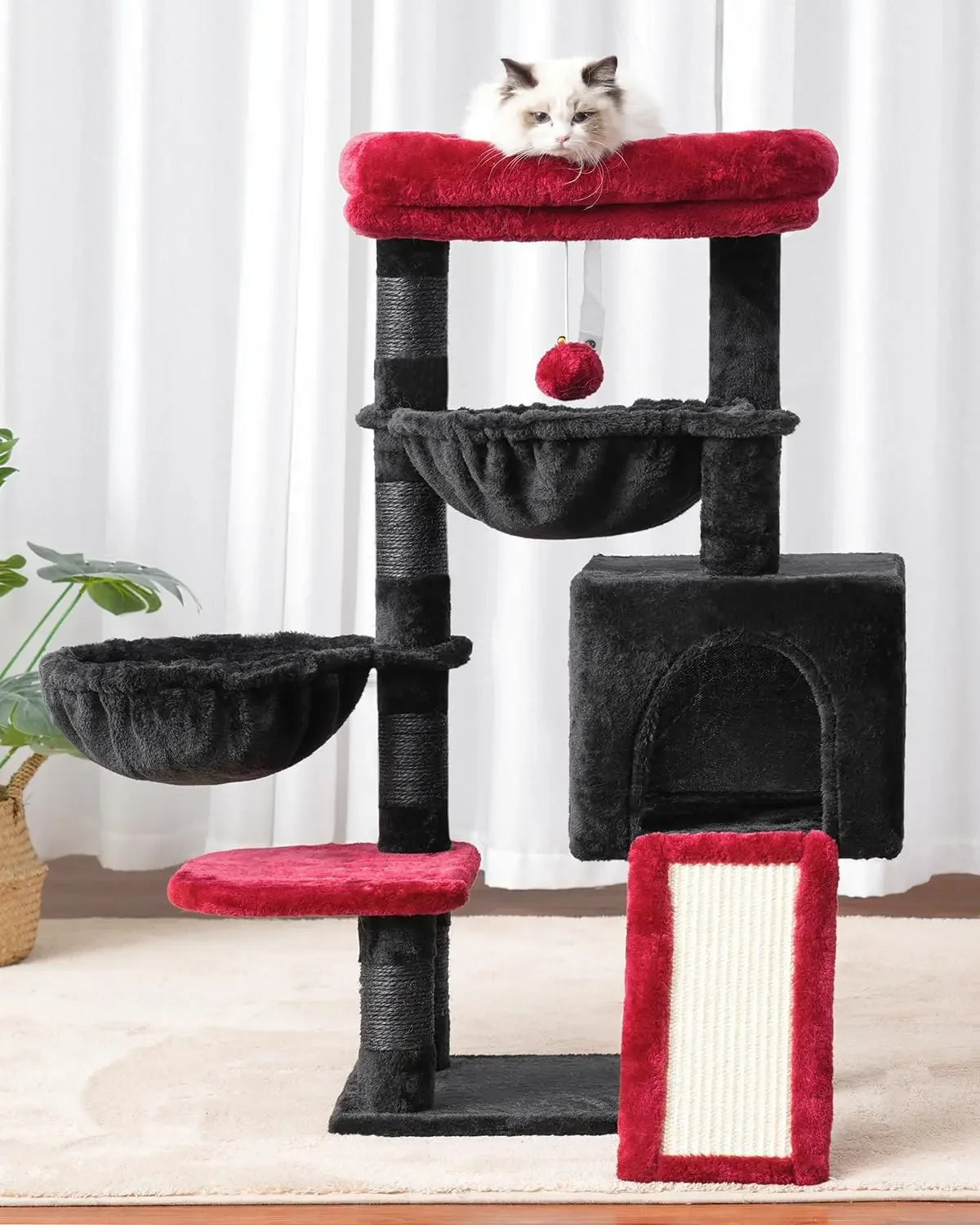 Cat Tree for Indoor Cats, Large Padded Bed, Cozy Condo, Hammocks, Scratching Posts, Black and Red