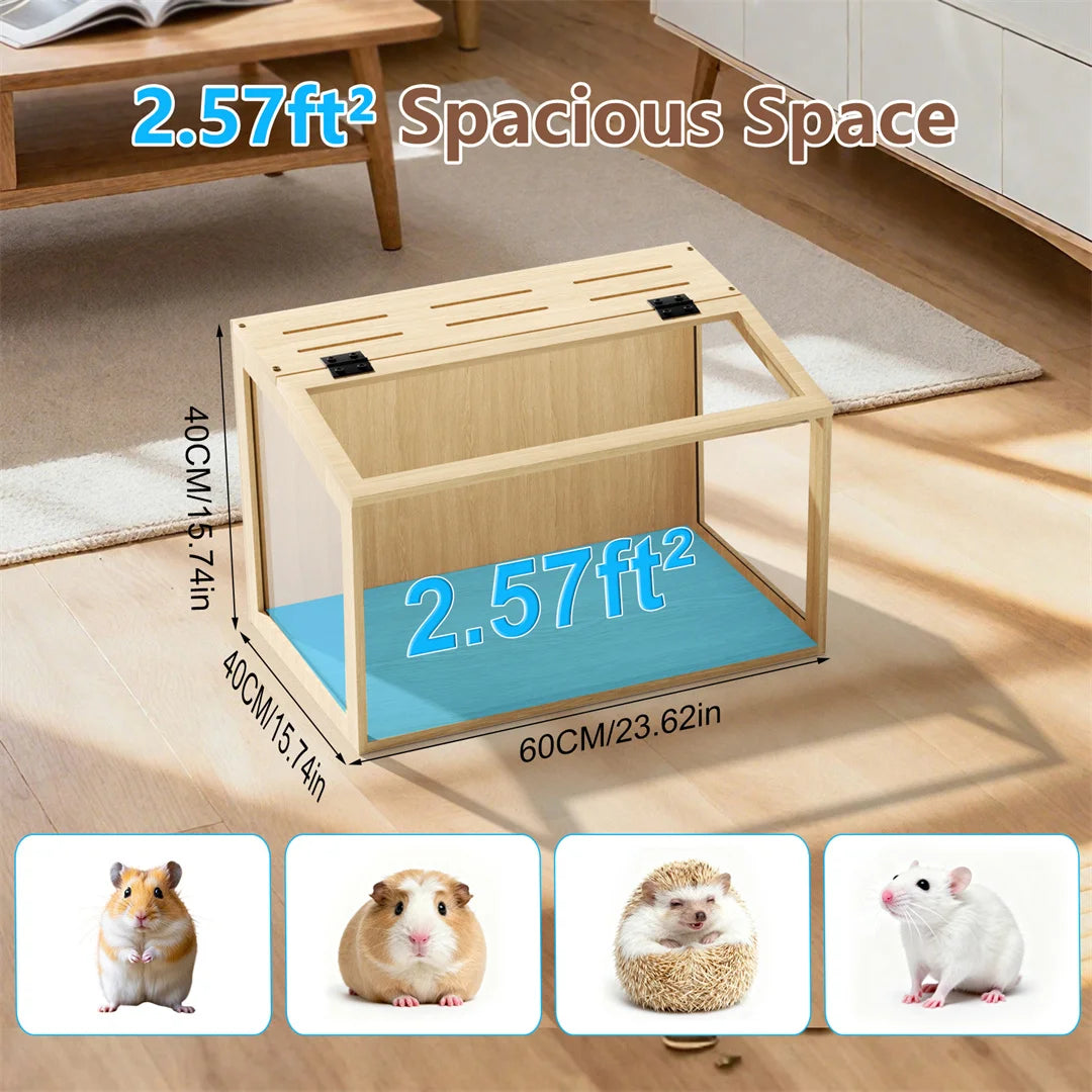 Large Natural Wooden Hamster Cage with Glass Panels, LED Light, Chew-Proof Indoor Habitat for Small Pets