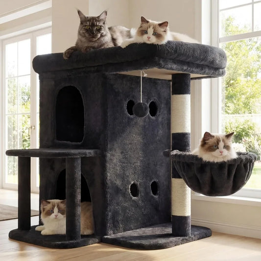 25.6 inch tall cat tower with large perch dual condos sisal posts cozy basket and dangling toy for big cats