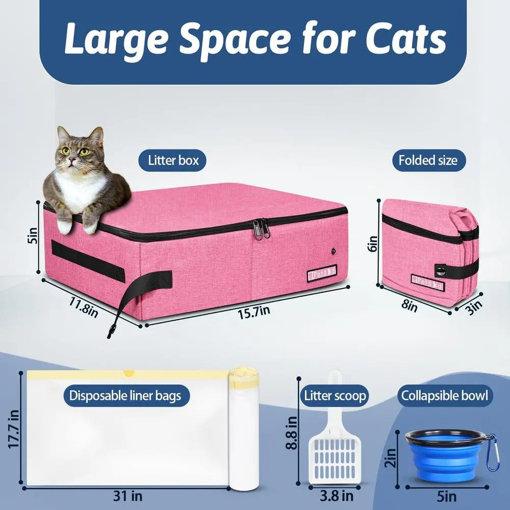 Portable Cat Travel Litter Box with Lid and 10 Disposable Liner Bags, Leak-Proof and Collapsible, Ideal for Car, Hotel, Airplane