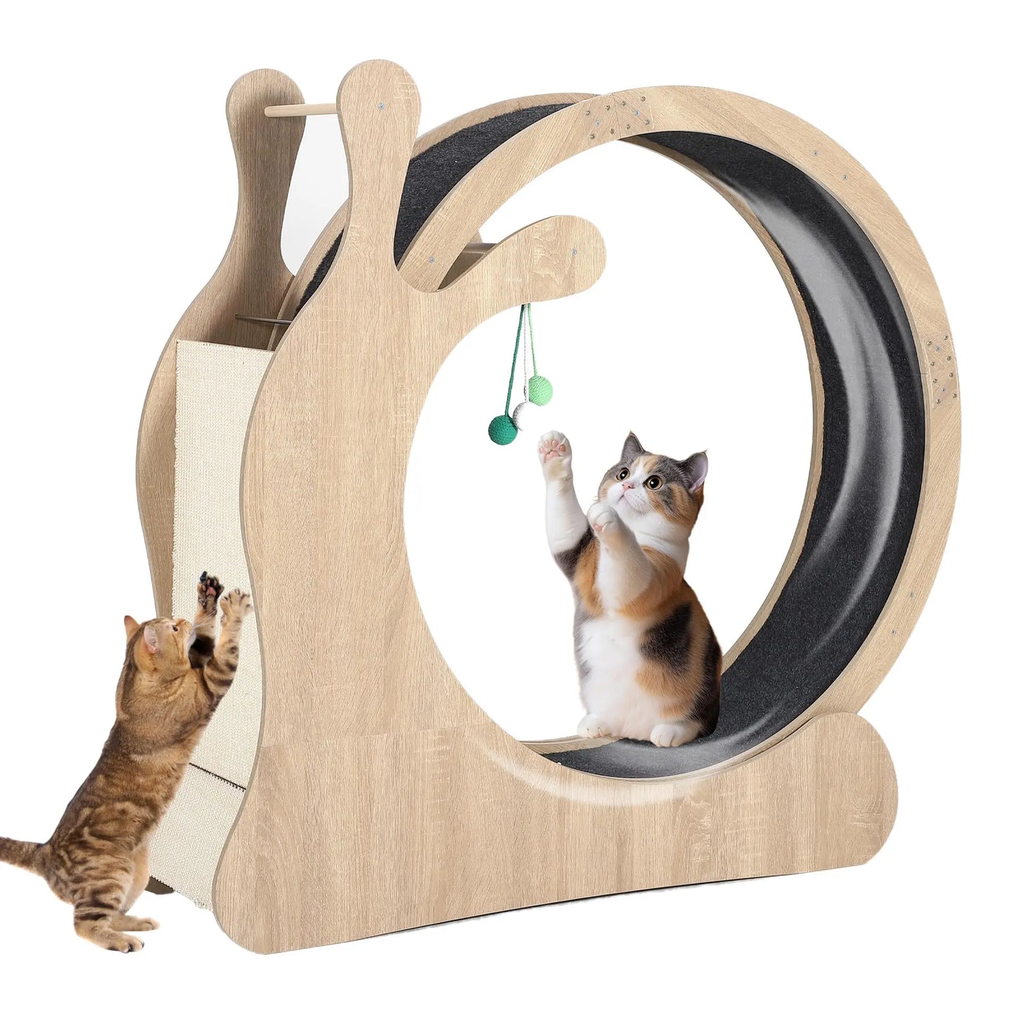 Large Wooden Cat Exercise Wheel, Silent TPE Treadmill for Indoor Cats with Sisal Scratching Pad, Interactive Hanging Balls, Anti