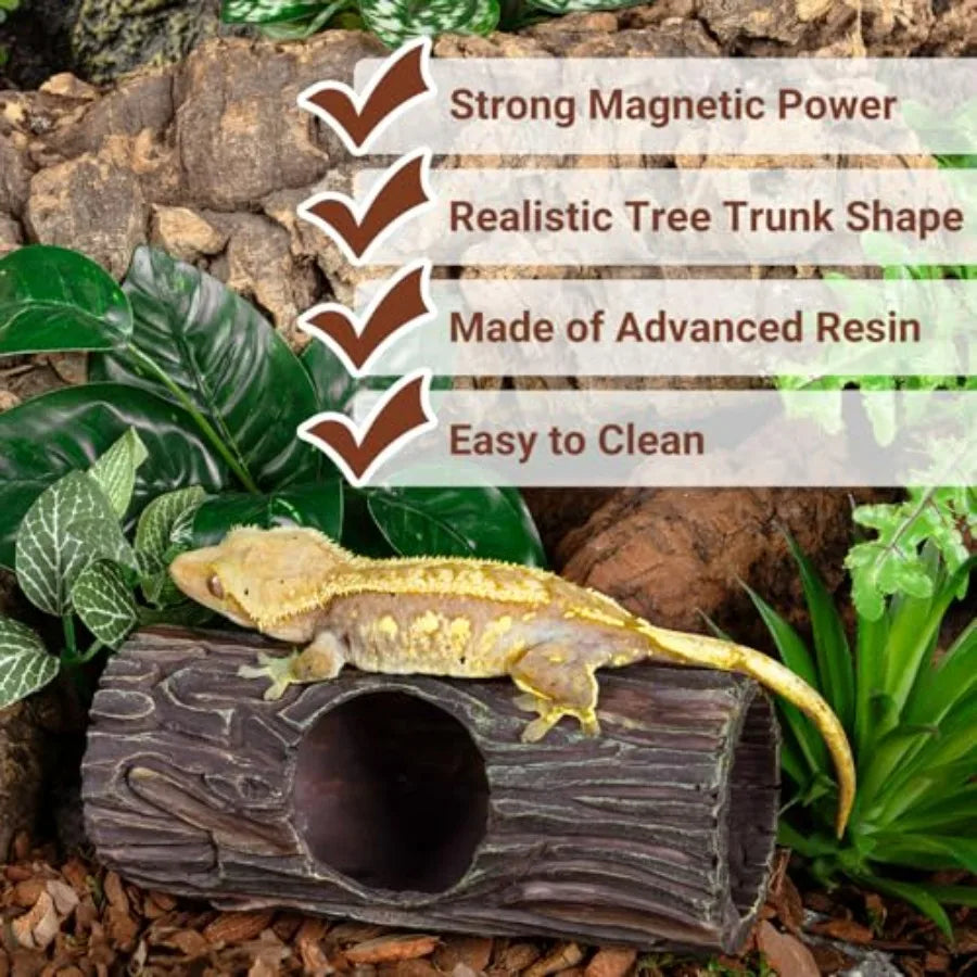 Magnetic Reptile Hide Cave Resin Hollow Tree Trunk Hideout, Gecko Hide with Strong Magnetic Climbing Toy Reptile Tank Accessori