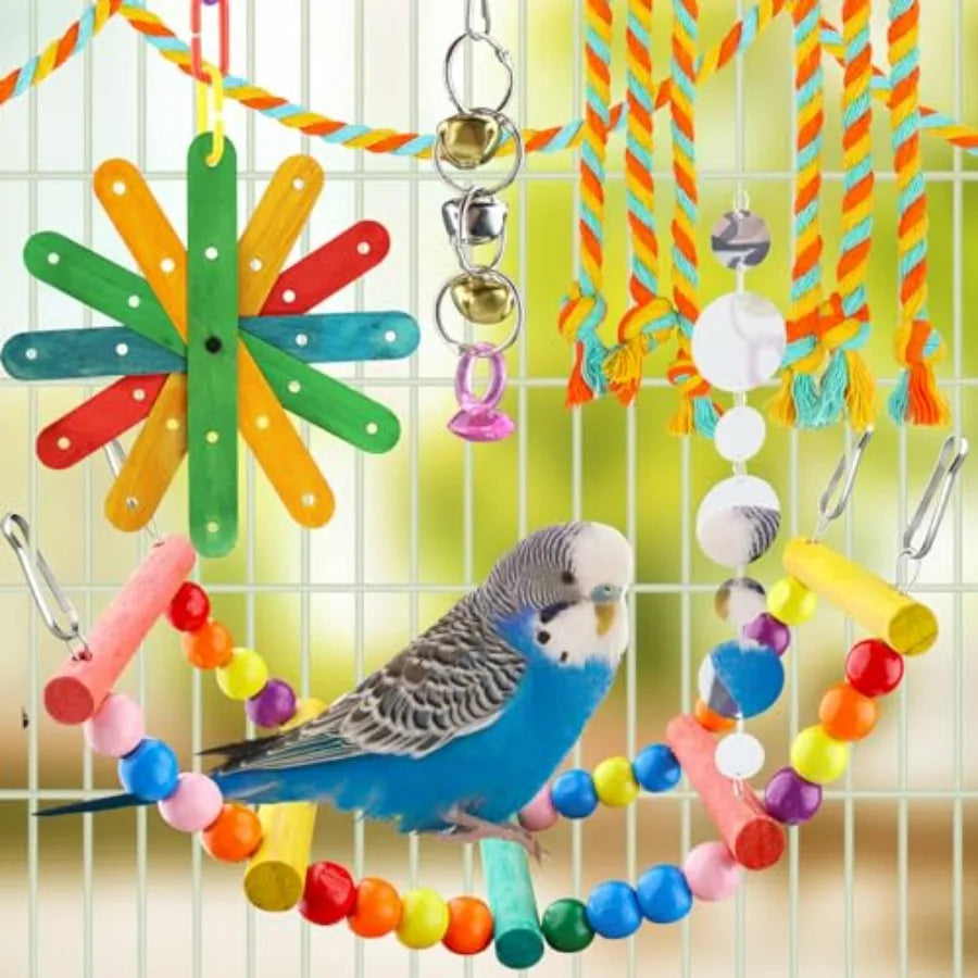 Parakeet Bird Toys 8-Piece Set With Colorful Ladder Hammock Bells