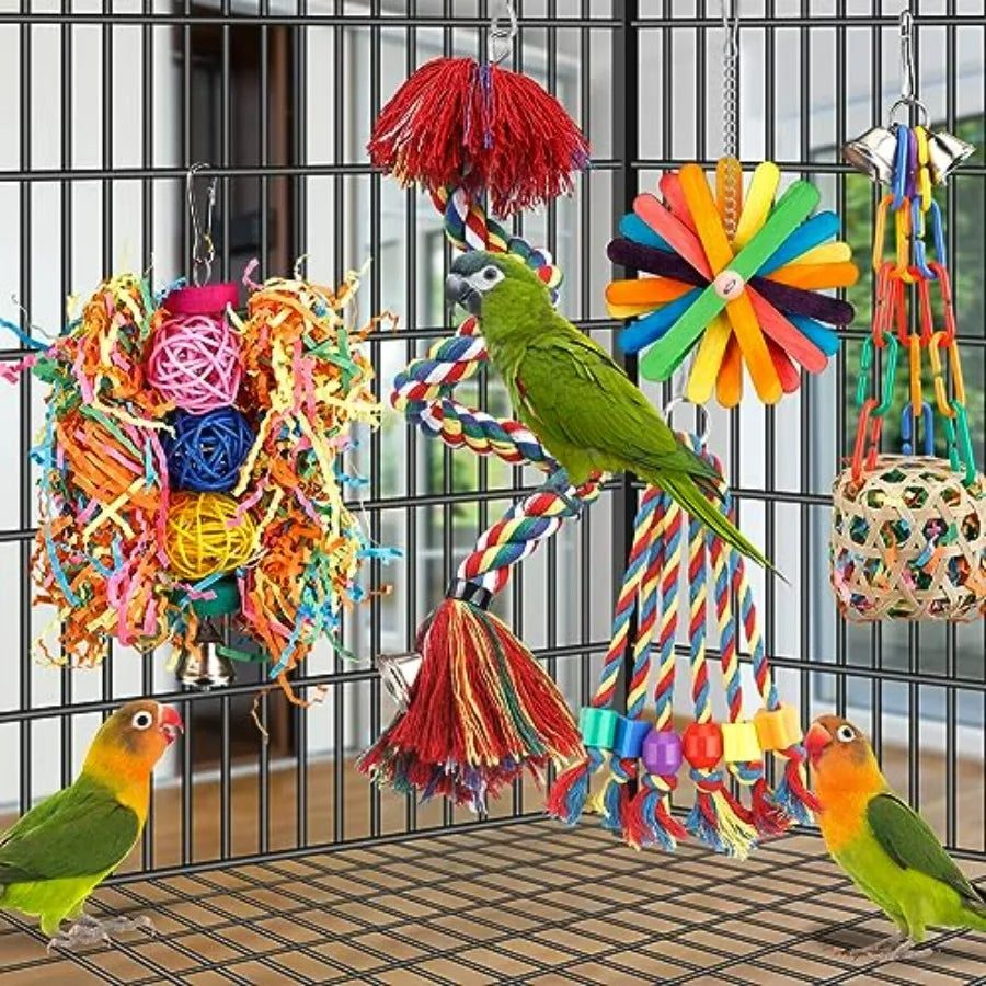 Bird Toys Rope Perch with Bell Colorful Bird Chewing Shredding Foraging Toys Parrot Swing Climbing Standing Hanging Toys Cage A