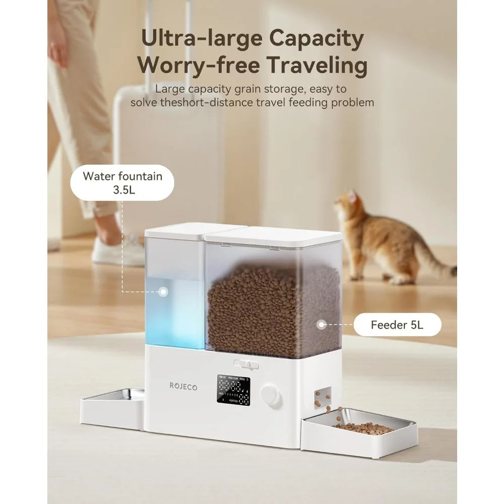 Automatic Pet Feeder & Water Dispenser Set, 5L Food + 3.5L Water, Large Capacity for Cats Dogs