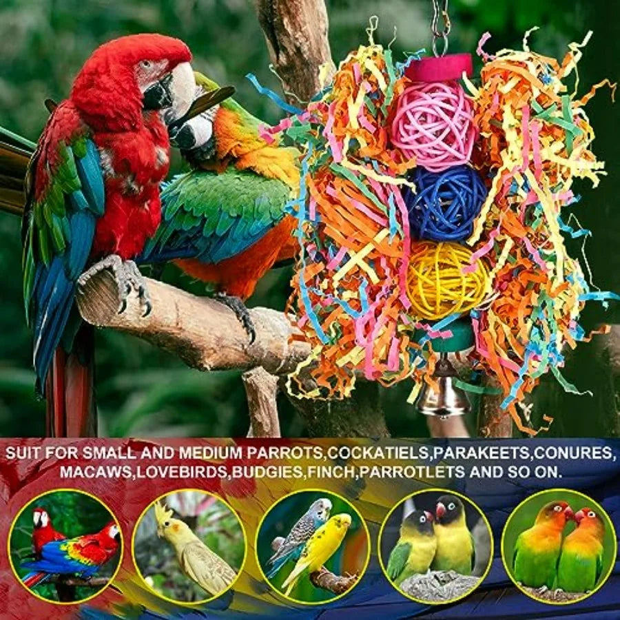 Bird Toys Rope Perch with Bell Colorful Bird Chewing Shredding Foraging Toys Parrot Swing Climbing Standing Hanging Toys Cage A