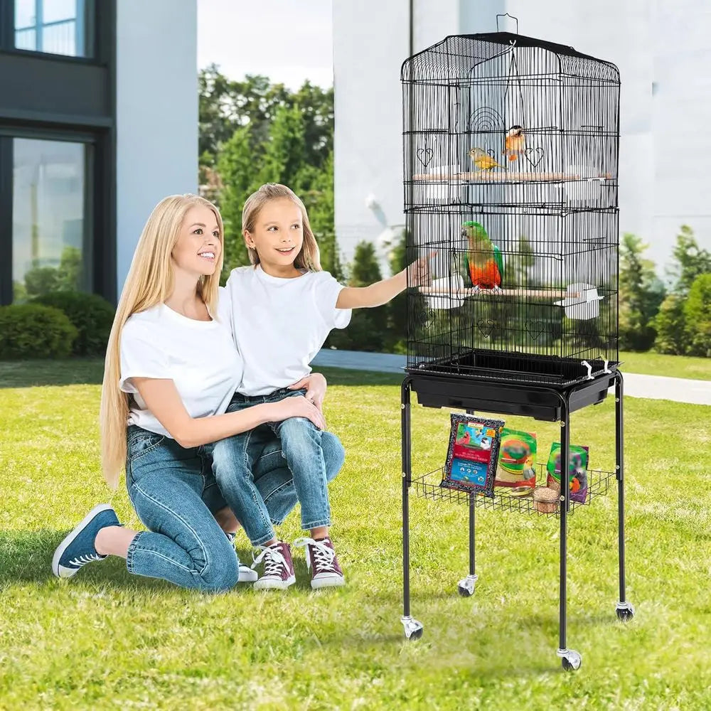 63.4 Inch Rolling Wrought Iron Parrot Cage with Side-out Tray, Storage Shelf, Pet Bird House for Parrot, Cockatiel, Cockatoo, Pa
