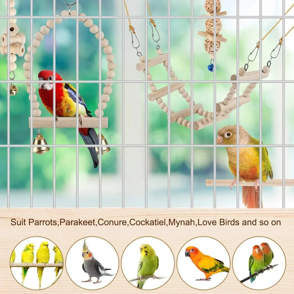 Bird Parrot Swing Toys, Chewing Standing Hanging Perch Hammock Climbing Ladder for Budgerigar, Parakeet, Conure, Cockatiel, Mynah, Love Birds, Finches, Small to Medium Birds