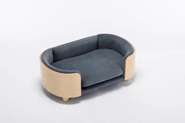 Scandinavian style Elevated Dog Bed Pet Sofa With Solid Wood legs and Bent Wood Back, Velvet Cushion,Size,Dark Grey