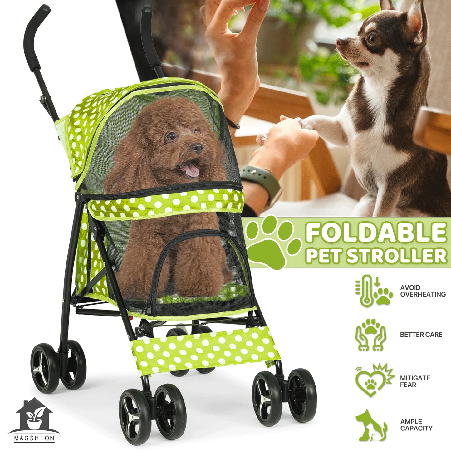 Magshion 4 Wheels Pet Dog Cat Stroller for Small Medium Dogs Cats, Foldable Jogger Stroller w/Storage Basket and Cup Holder