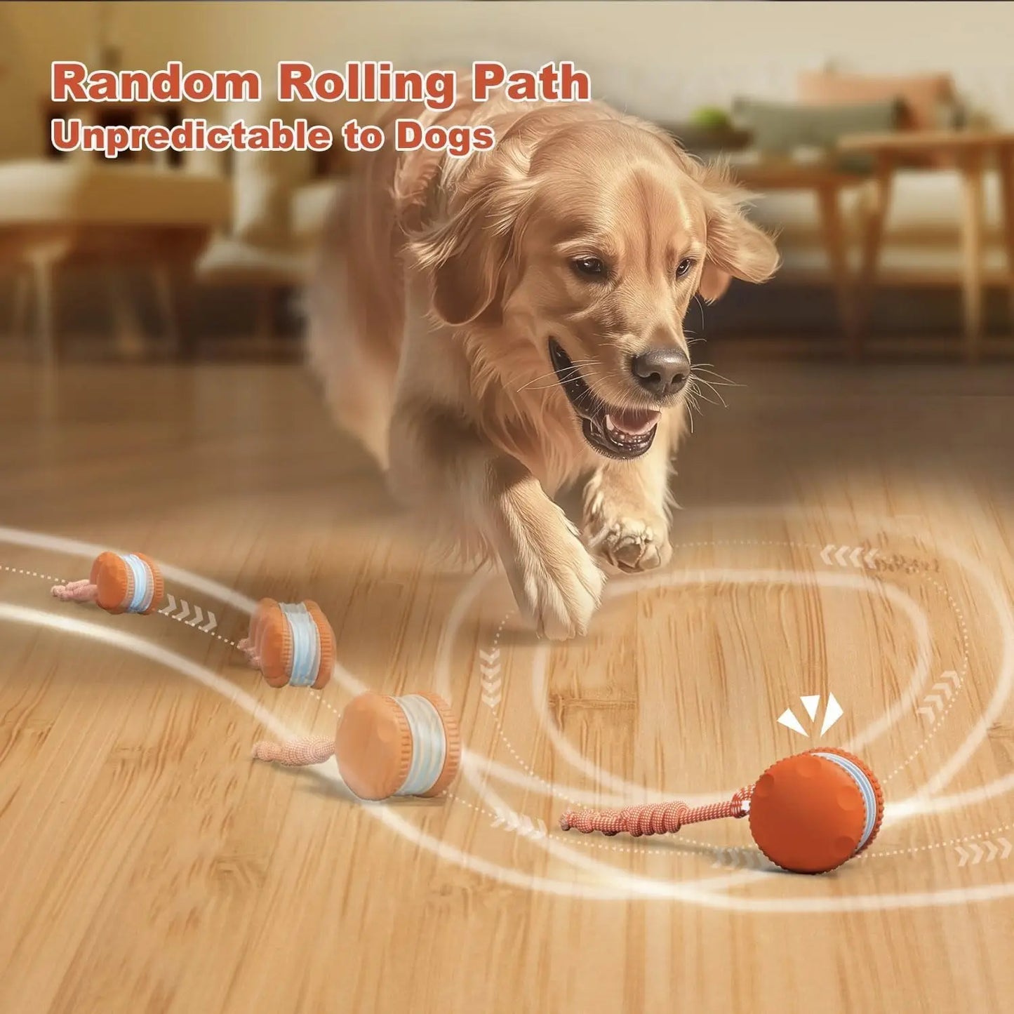 Interactive Dog Toy, Random Path Electric Rolling Ball with Rope for Boredom Relief (Orange)