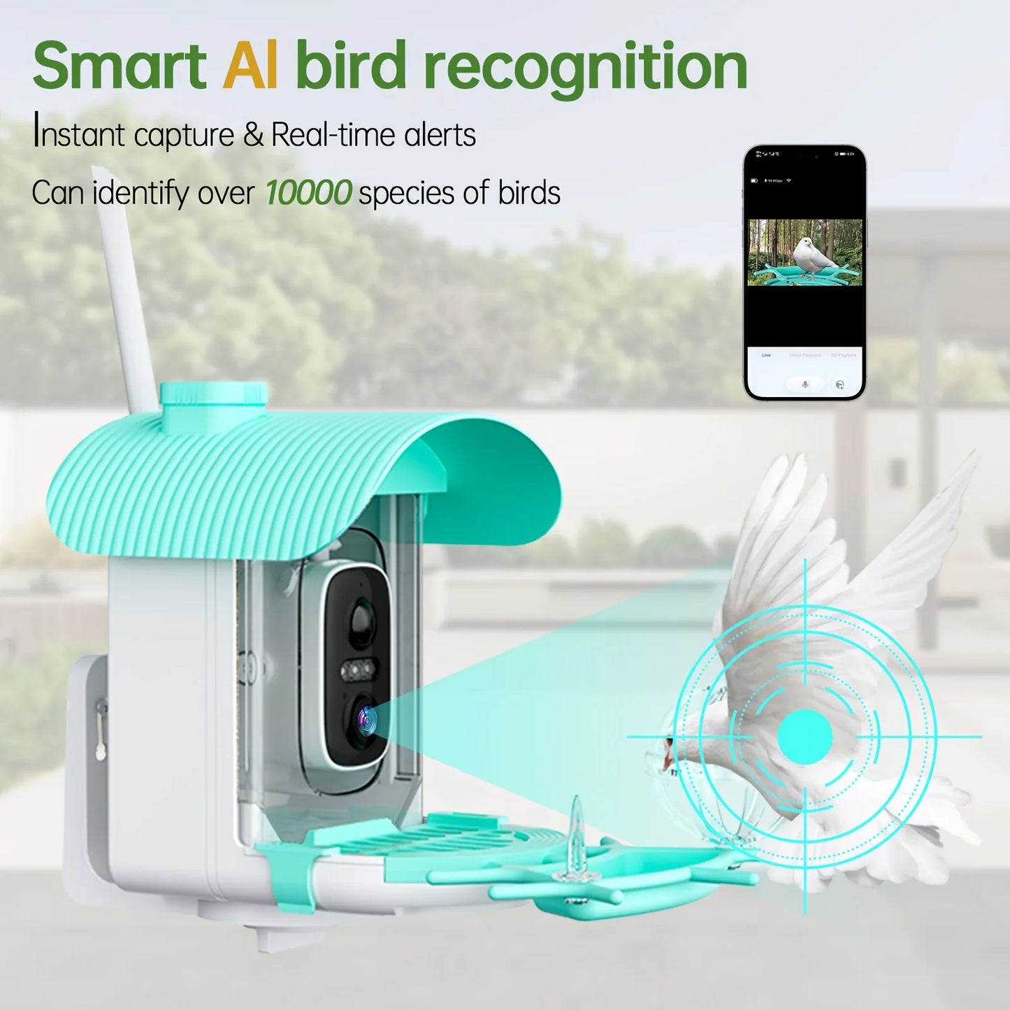 AI Smart Bird Feeder with Camera, Solar Powered, Equipped with 4MP HD Camera, 2K Resolution, Remote Monitoring, Live Viewing, Video Recording, Motion Detection Alerts, Squirrel-Proof, IP66, The Dream Gift for Bird Lovers
