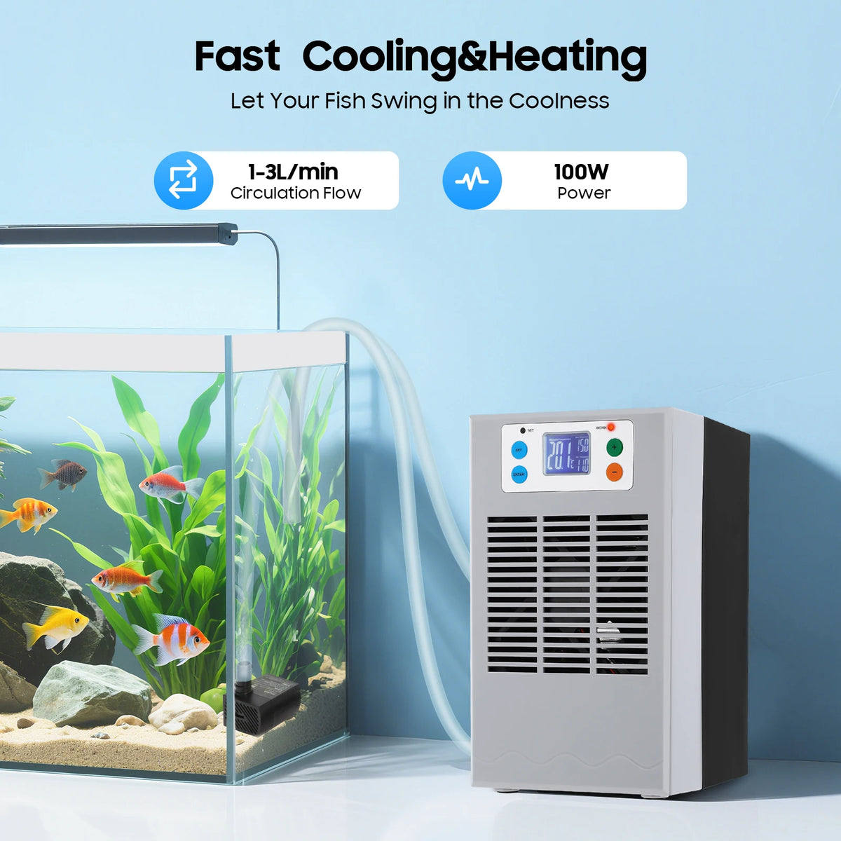 100W Fish Tank Cooling Heating Machine, Aquarium 30L Fish Tank Water Heater Air Conditioner LED Screen 10-40°C Control
