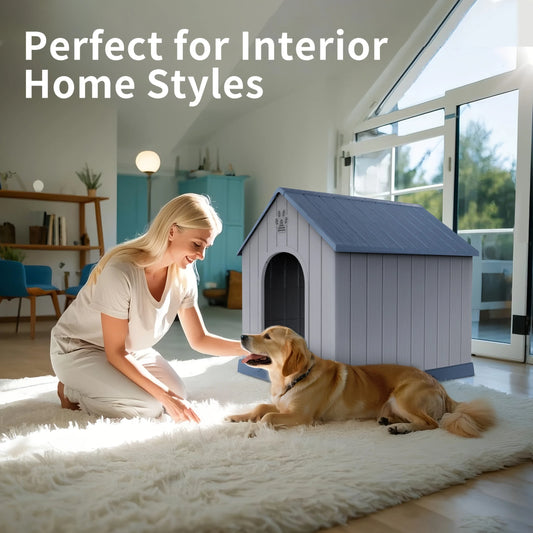 Dog House Outdoor Peaked Roof Dog House for Small to Large Sized Dogs, Resin Dog House with Raised Floor And Vent, Rain Proof Roof, Large Winter House, Give Your Pet A Warm Home. Perfect Holiday Gift for Halloween, Christmas,