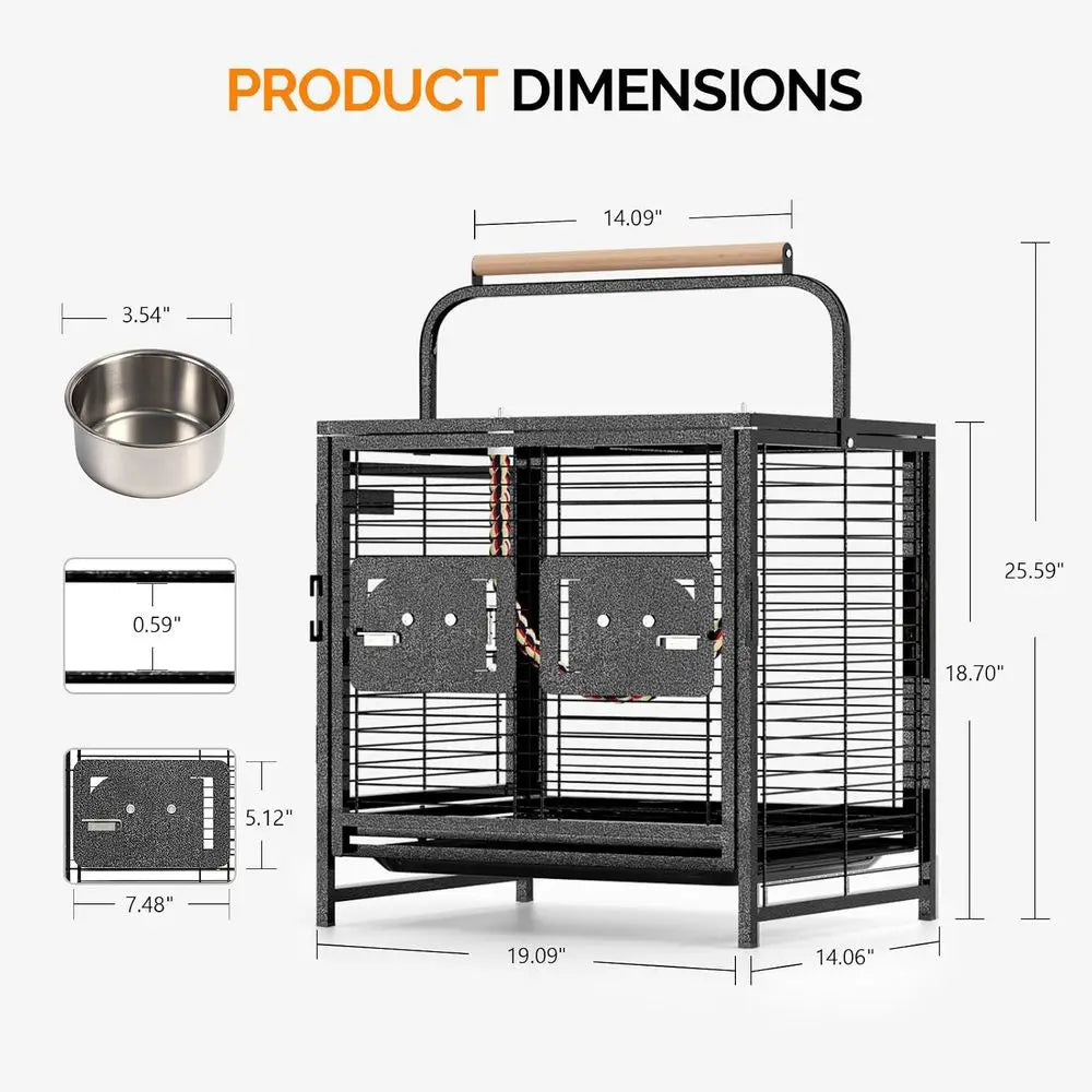 19 inch Travel Carrier Bird Cage with Handle, Wrought Iron ParaCage, Wooden Perch for Small/Medium Birds (Hammertone Black)
