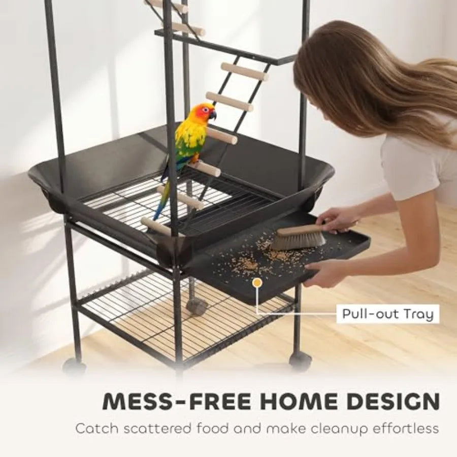 Rolling Bird Stand Parrot Playstand With Seed Guard Wheels
