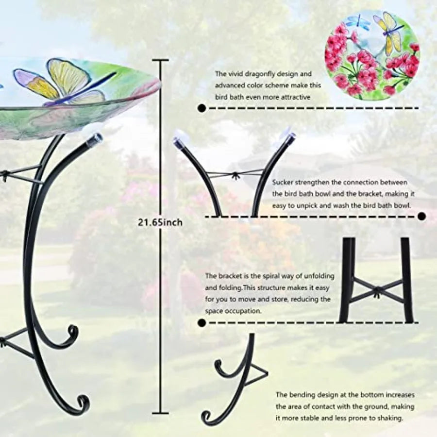 MUMTOP Bird Bath-Bird Baths for Outdoors - Dragonfly Large Bird Bath Bowl with Metal Stand, Glass BirdBaths for Garden Lawn Yar