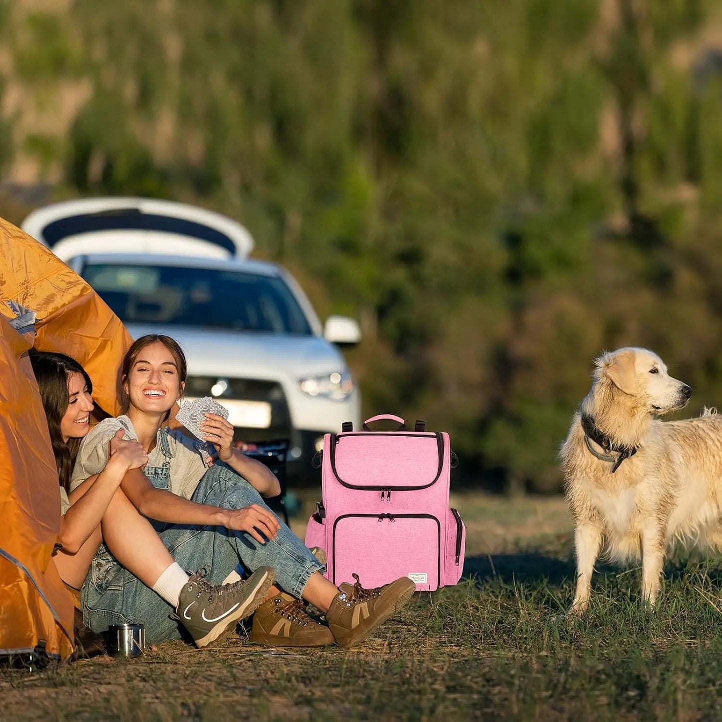 Airline Approved Dog Travel Bag Backpack, Pet Carrier Organizer with Bowls, Food Containers, Mat, Pink