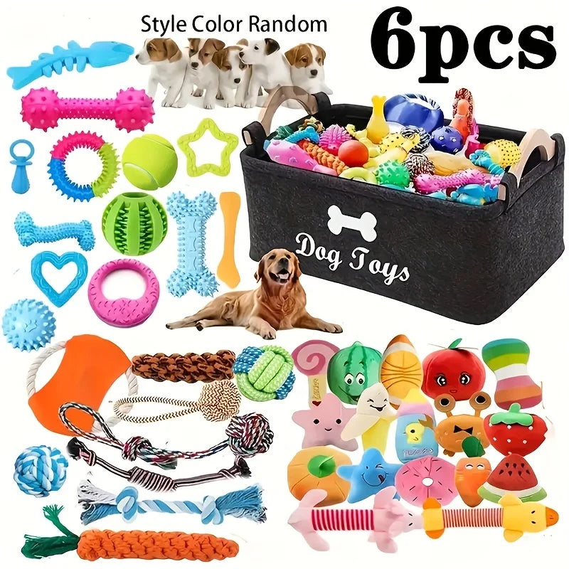 Pawsome Pals 6/12pcs Interactive Dog Toy Set - Durable Cartoon Pattern Fabric Chew Toys for All Breed Sizes - Teeth Cleaning & Training Play Set with Knot Toys, Squeakers & Balls, Without Battery