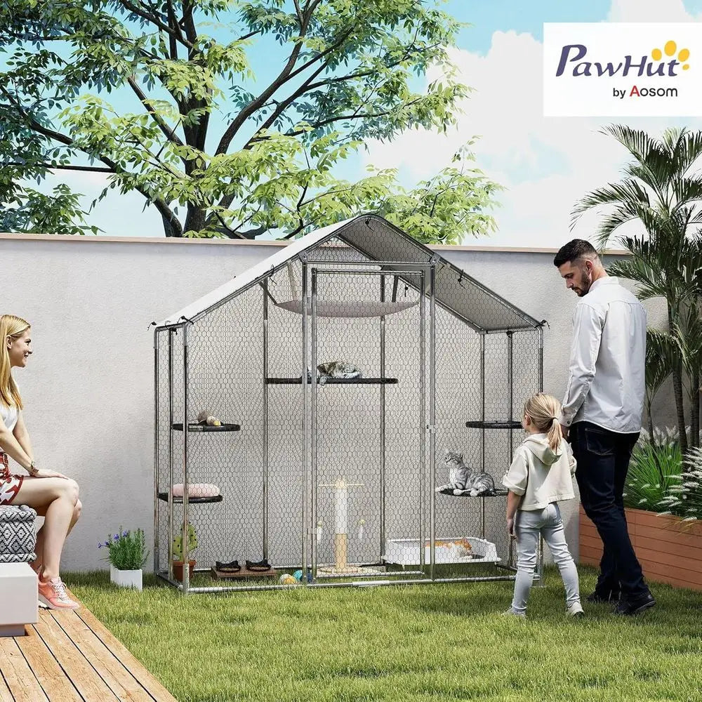 Large Catio Outdoor Cat Enclosure Chicken Coop Pointed Roo | Galvanized Steel Walk-in Cat Patio, Outdoor Kitty Cage, Waterproof