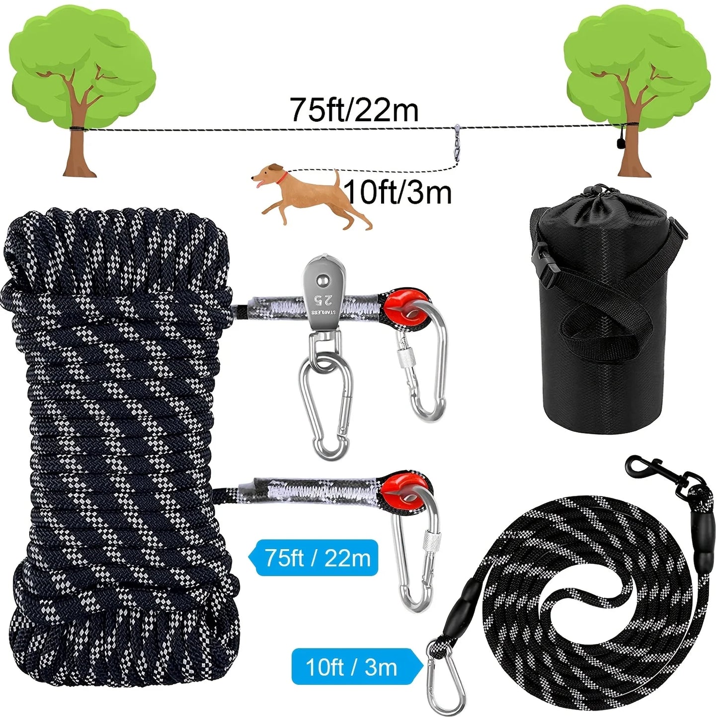 Portable Dog Trolley System For Camping - 75ft Heavy Duty Overhead Runner With Reflective Cable For Dogs Up To 200lbs - Easy Setup For Yard, Park, Hiking & Outdoor Adventures