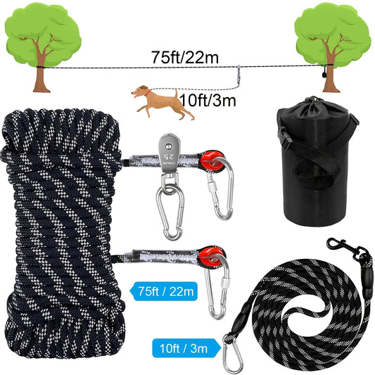Portable Dog Trolley System For Camping - 75ft Heavy Duty Overhead Runner With Reflective Cable For Dogs Up To 200lbs - Easy Setup For Yard, Park, Hiking & Outdoor Adventures