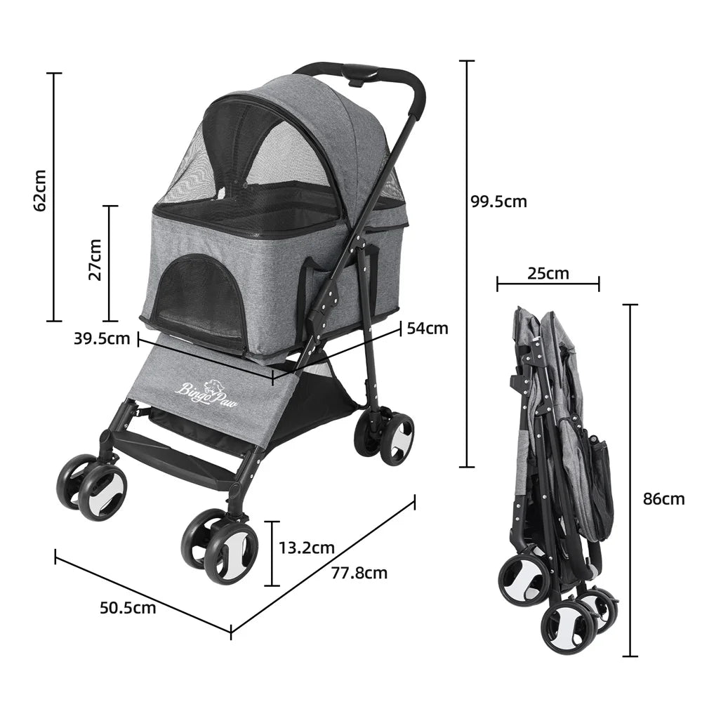 Foldable Pet Stroller With 4 Wheels And Rain Cover