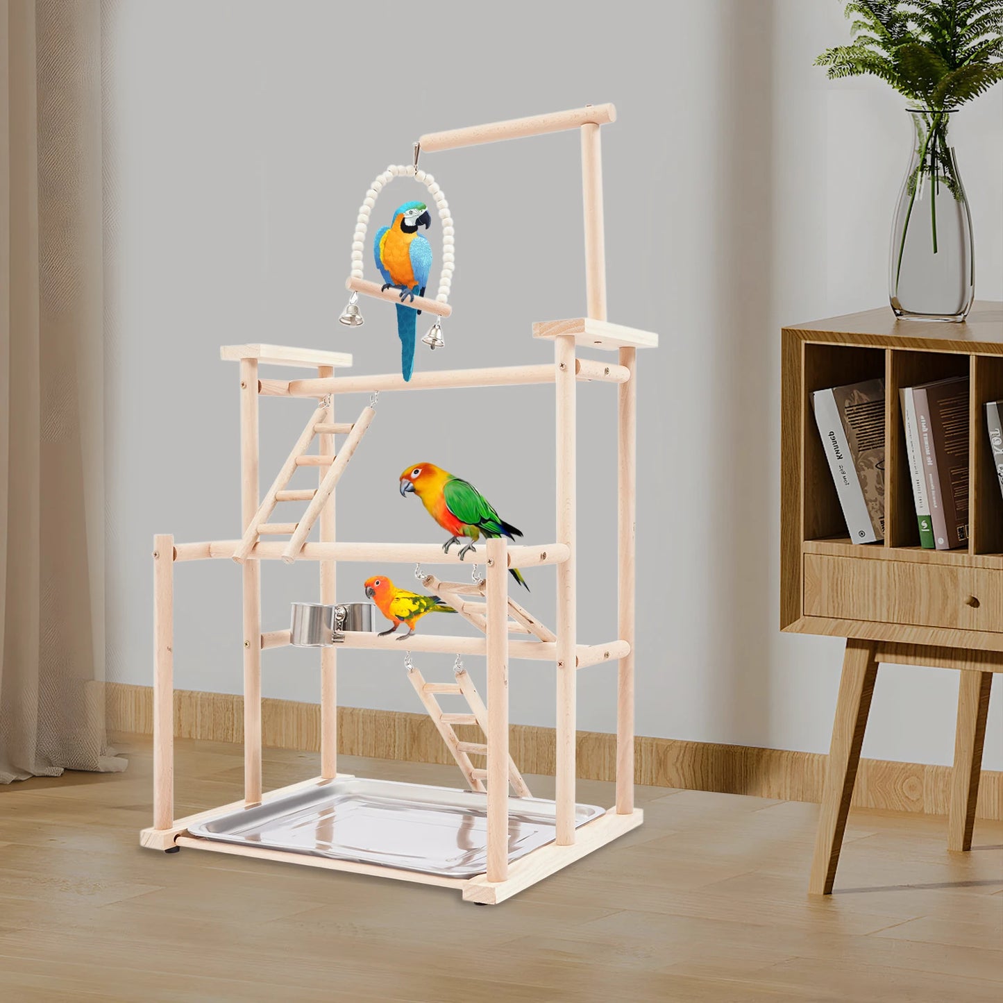 Multi-Function 3-Tier Parrot Stand Beech Wood Space-Saving Feeding Bowl&Water Cup For Pet Lovers Office Living Room